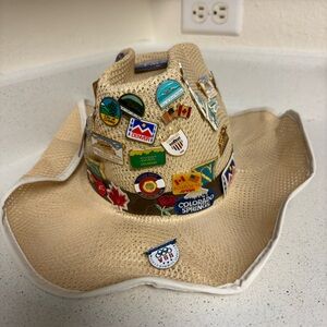 Vintage Woven Straw Hat with Vintage Pin Buttons